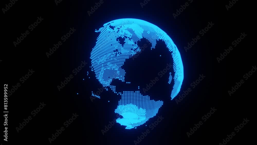 3d rendered hologram of spining blue colored globe in the dark background
