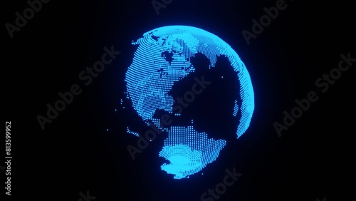 3d rendered hologram of spining blue colored globe in the dark background
