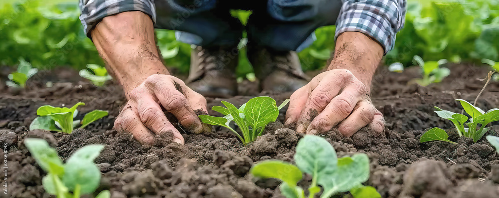 Fototapeta premium A man is planting a seedling in the dirt. Concept of hard work and dedication to the task at hand