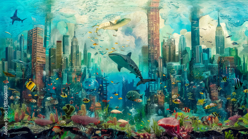 Underwater cityscape with marine life