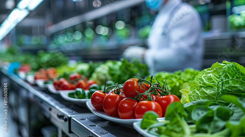 A line of fresh produce including tomatoes, lettuce, and greens. A person in a white lab coat is working on the line