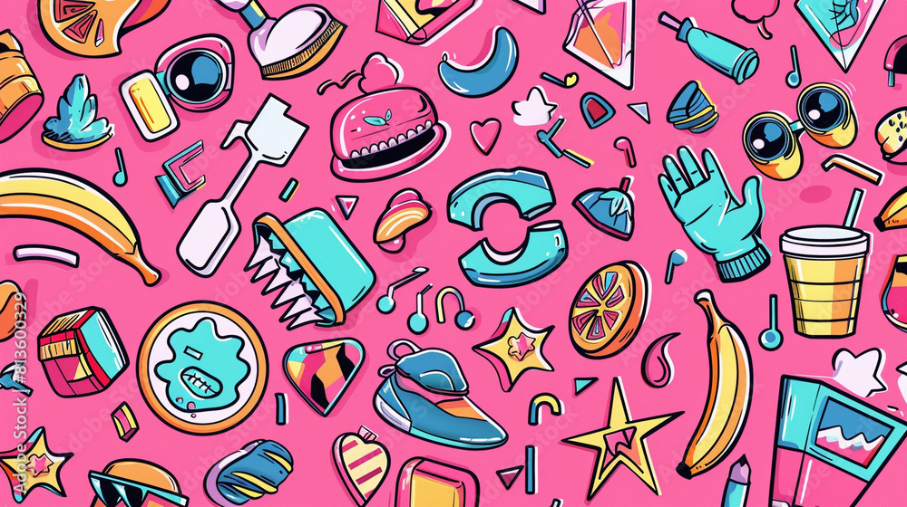 Fototapeta premium 90S Style Cool Stickers Collage Pattern. Pop Att Funky