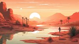 Desert oasis cartoon illustration - Generative AI. Desert, oasis, sun, cliff, palm.