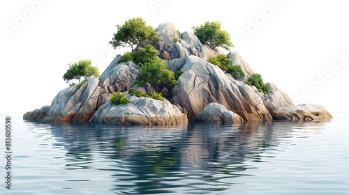 Island Rock in the Sea, Tree and Rocks Isolated Illustration