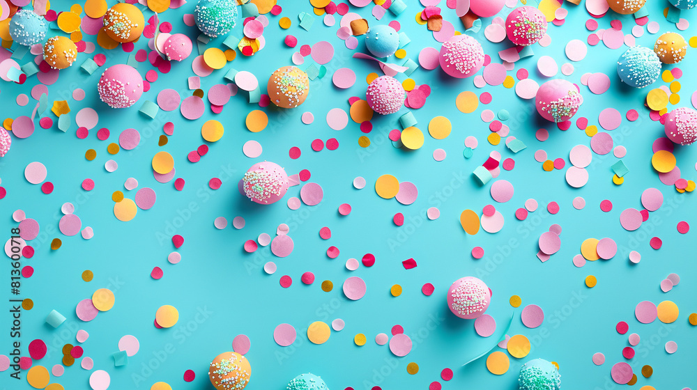 confetti on teal background, vivid colors, cartoon cartoon confetti on teal background, vivid colors, cartoon cartoon