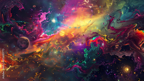 abstract psychedelic cosmos background featuring a colorful array of shapes and sizes  including a star  a planet  and a galaxy