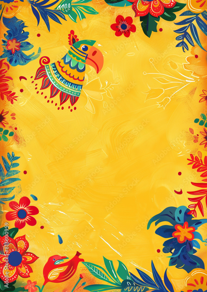 Obraz premium Mexican Wedding Invitation Blank Template, Fiesta Design, Pinata Detail, Top Right, Yellow Background