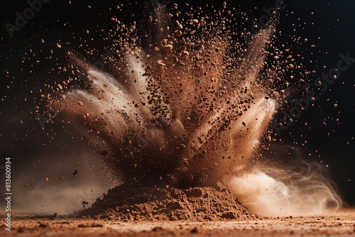 Explosion splash on an isolated backdrop made of powdered coffee or chocolate powder. Generative Ai