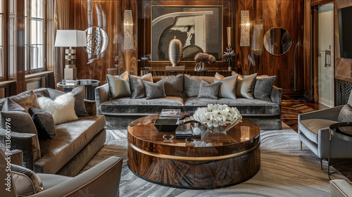 Art deco living room with a sophisticated mix of rich wood tones and soft metallic fabrics.