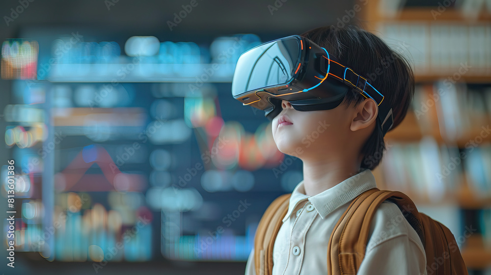 A young boy wearing a virtual reality headset is looking at a computer monitor. The monitor displays a variety of graphs and numbers. The boy appears to be focused on the screen A young boy wearing a virtual reality headset is looking at a computer monitor. The monitor displays a variety of graphs and numbers. The boy appears to be focused on the screen