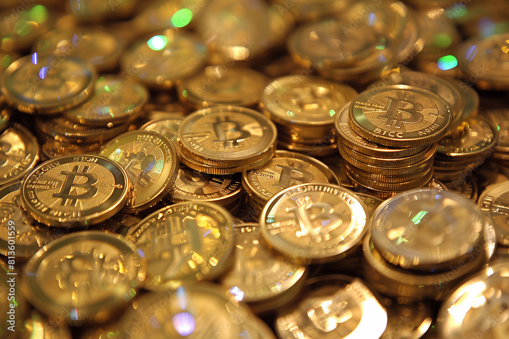Golden crypto currency coins with bitcoin symbol on metallic background. Golden crypto currency coins with bitcoin symbol on metallic background.