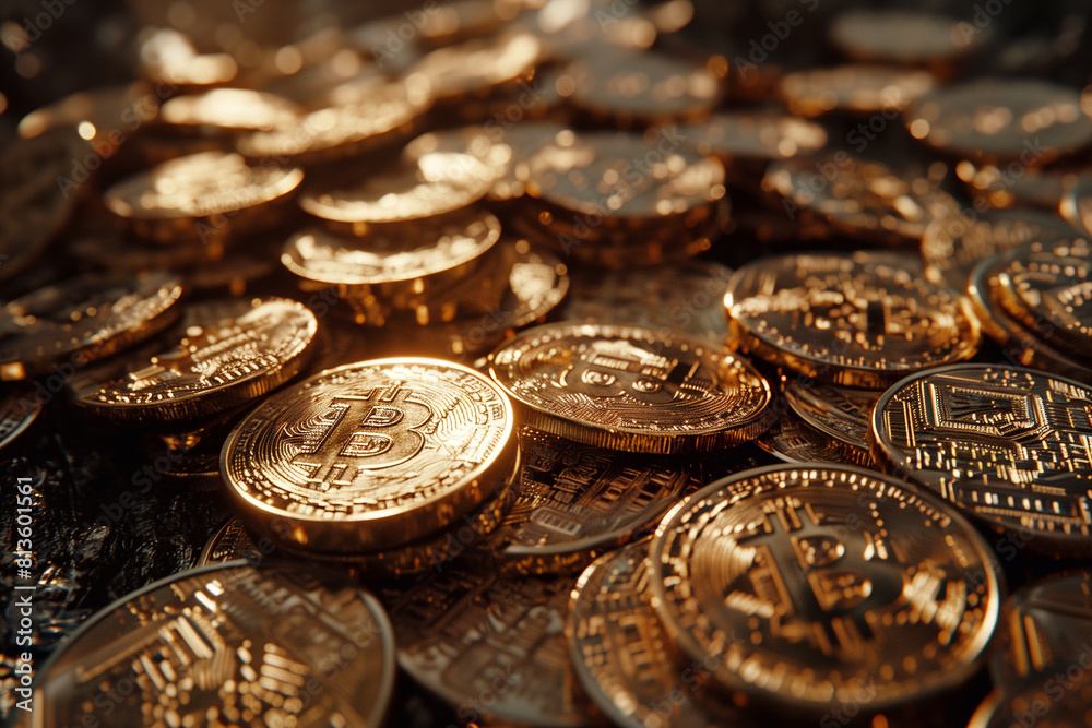 Golden crypto currency coins with bitcoin symbol on metallic background. Golden crypto currency coins with bitcoin symbol on metallic background.