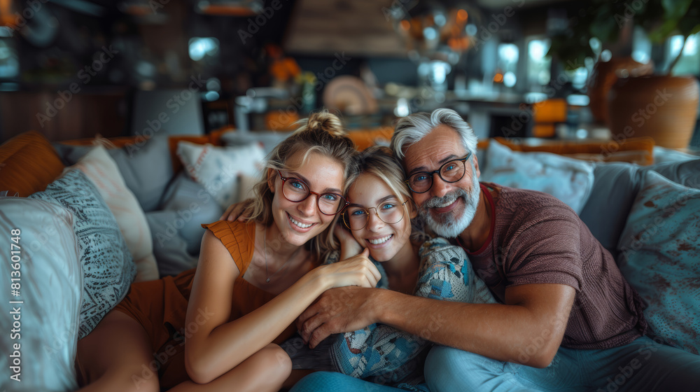 Happy Family Enjoying Time Together at Home, Smiling Parents and Adult Daughter Happy Family Enjoying Time Together at Home, Smiling Parents and Adult Daughter