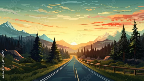 Epic road trip cartoon illustration - Generative AI. Road, sunset, mountain, pines.