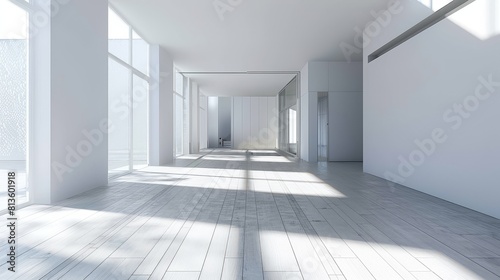 Bright Hallway with Green Plant Decor  White Minimalist Design  Fresh and Inviting
