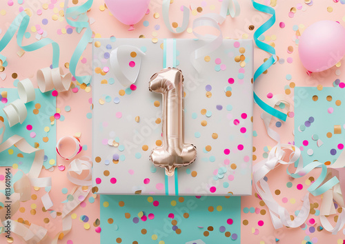 The first gift for a one-year-old, packed in an elegant box, contains a balloon with the number 1, colorful confetti and bows