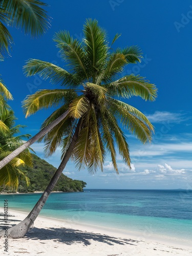 Palm tree on the tropical beach,with a beautiful sea view on blue sky