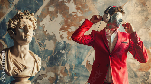 Man with antique statue bust, in red suit listening to music in headphones and dancing. Contemporary art collage. Concept of creativity, retro and vintage style, imagination, surrealism, music photo