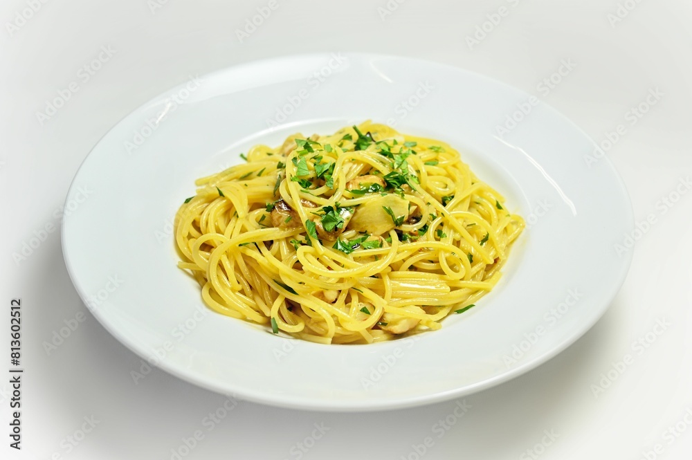 Gourmet plate of spaghetti with herbs isolated on a white background Gourmet plate of spaghetti with herbs isolated on a white background