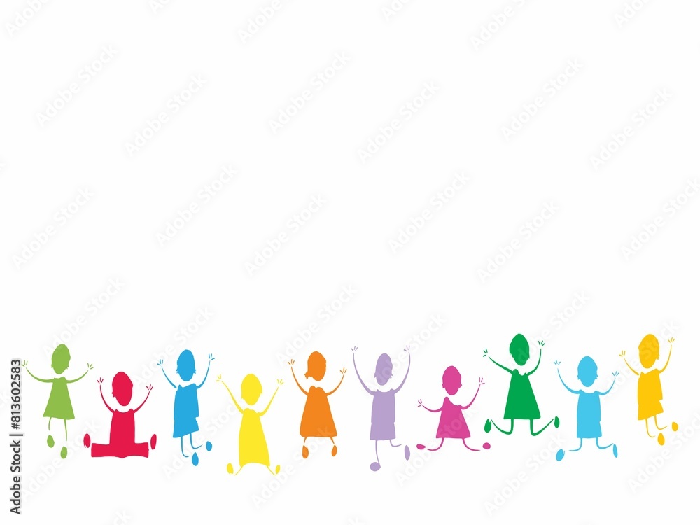 Digital illustration of colorful child icons in unity celebrating together on a white background Digital illustration of colorful child icons in unity celebrating together on a white background