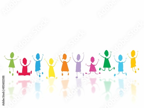 Digital illustration of colorful child icons in unity celebrating together on a white background