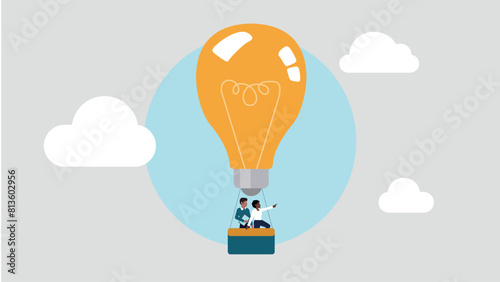 Adobe IllVektor-Illustration eines Heißluftballons in Form einer Glühbirne. Dies symbolisiert eine hervorragende Idee, daher sind die Menschen an Bord erwartungsvoll nach vorne schauenustrator Artwork