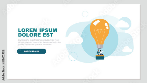 Adobe IllVektor-Illustration eines Heißluftballons in Form einer Glühbirne. Dies symbolisiert eine hervorragende Idee, daher sind die Menschen an Bord erwartungsvoll nach vorne schauenustrator Artwork