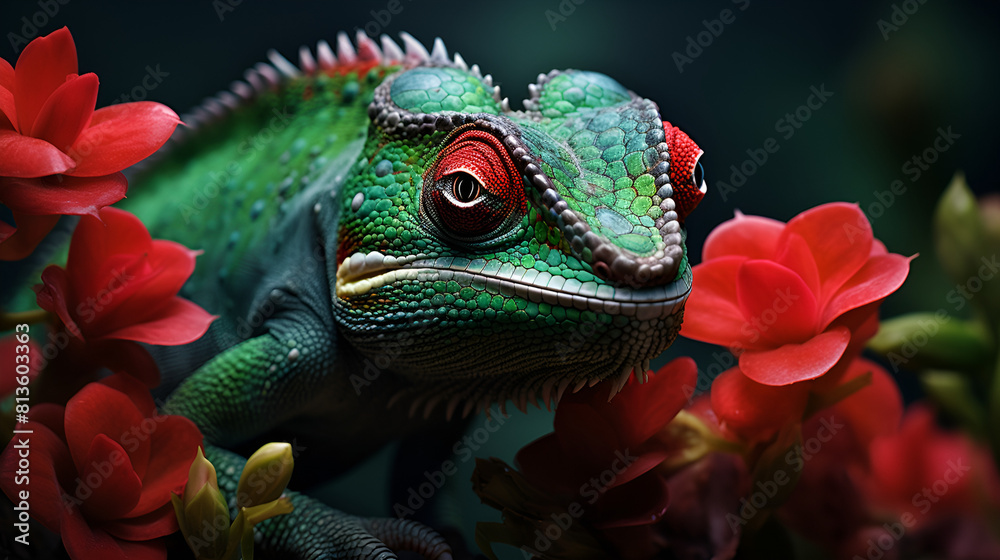 Green lizard with red eyes amidst red flowers Green lizard with red eyes amidst red flowers