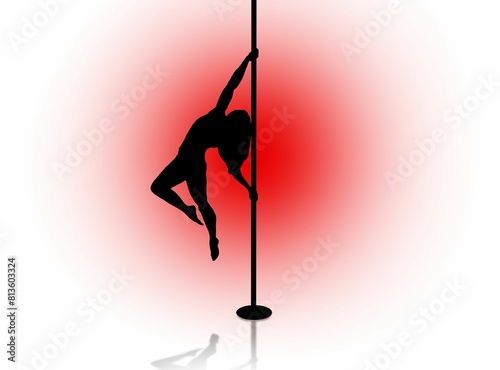 Silhouette of a stripper dancer on a pole on a red background