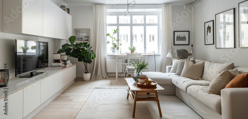 Modern Scandinavian living room with a compact design, featuring streamlined furniture and efficient use of space. photo