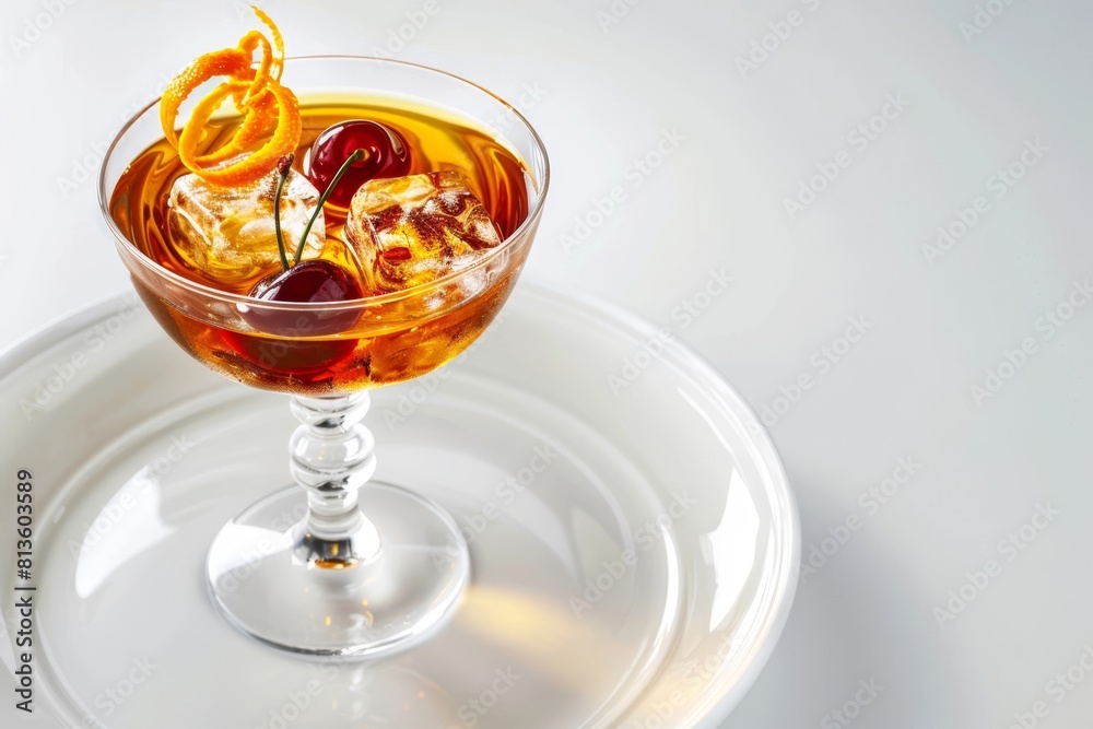 Chic Coupe Glass of Amaro Manhattan with Earthy Herbs and Citrus Garnish Chic Coupe Glass of Amaro Manhattan with Earthy Herbs and Citrus Garnish