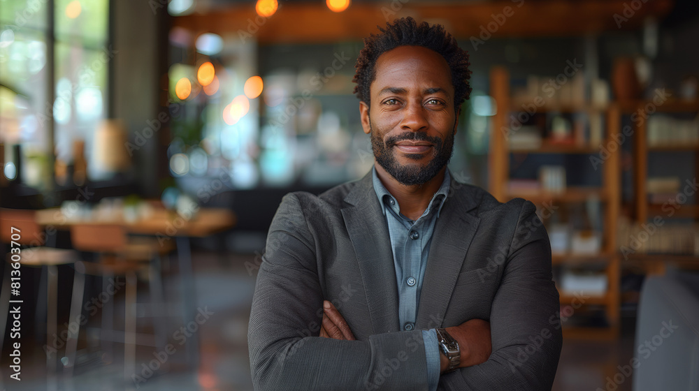 Confident African-American Businessman Smiling, Dressed in Professional Attire in a Modern Restaurant Setting Confident African-American Businessman Smiling, Dressed in Professional Attire in a Modern Restaurant Setting