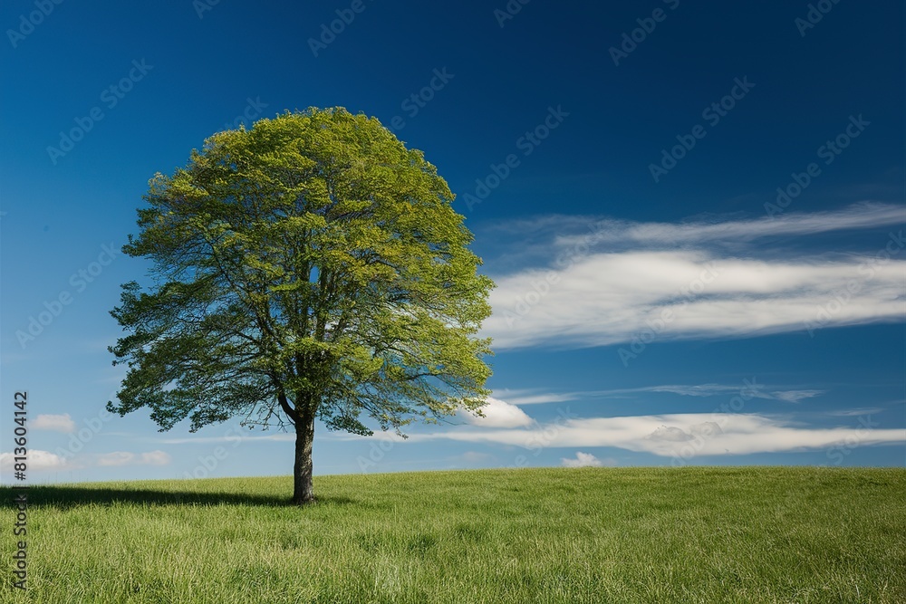 Obraz premium Single tree on green meadow and blue sky bright vibrant colors