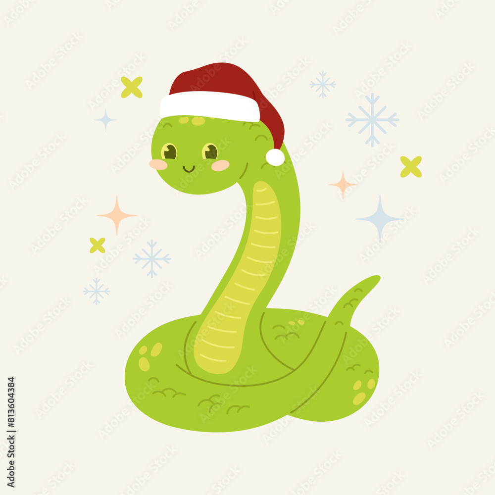 2025 New Year's card with cute snake in Santa's hat and graphic stars and snowflakes on background. Simple vector illustration. Traditional zodiac symbol. Funny reptile, wild animal. 2025 New Year's card with cute snake in Santa's hat and graphic stars and snowflakes on background. Simple vector illustration. Traditional zodiac symbol. Funny reptile, wild animal.