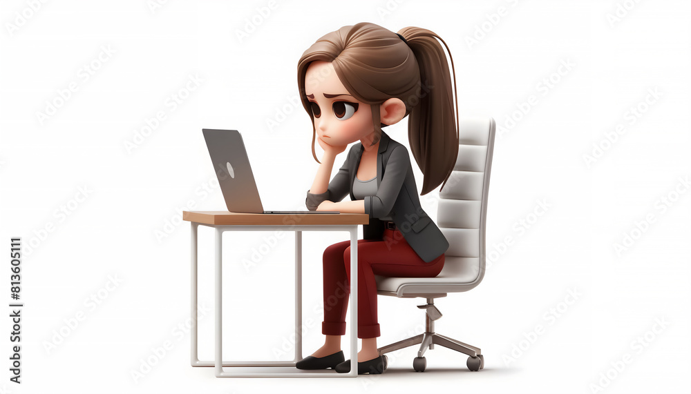 3D Caricature of Frustrated Woman at Desk: Tired, Looking at Laptop Screen, 3D Caricature of Tired Woman at Desk: Frustrated, Looking at Laptop Screen 3D Caricature of Frustrated Woman at Desk: Tired, Looking at Laptop Screen, 3D Caricature of Tired Woman at Desk: Frustrated, Looking at Laptop Screen