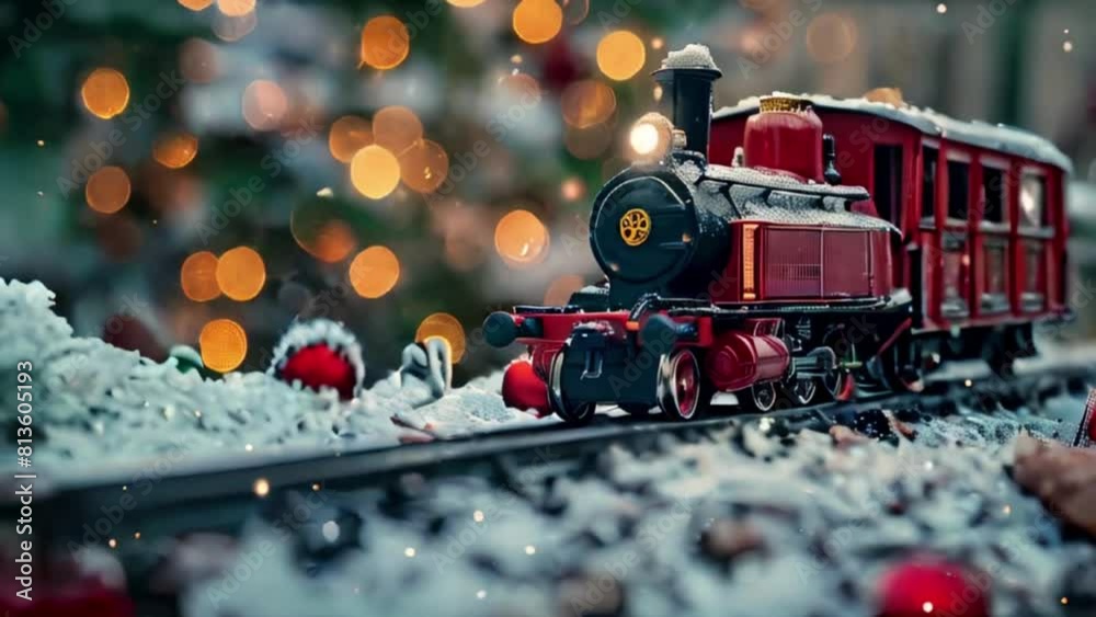 Toy train and railway near snowy Christmas tree with red balls. Happy New Year
