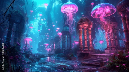 Vibrant pink jellyfish enhance the magical ambiance of a submerged forest  illuminated by their ethereal glow.