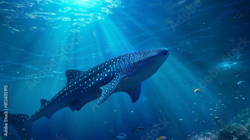 A majestic whale shark glides through the blue ocean, illuminated by sunlight filtering through the surface. © Yanopas