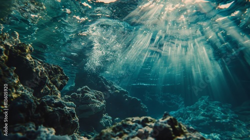 Sunlight filters through the ocean surface, illuminating the underwater coral reef landscape in a captivating display.