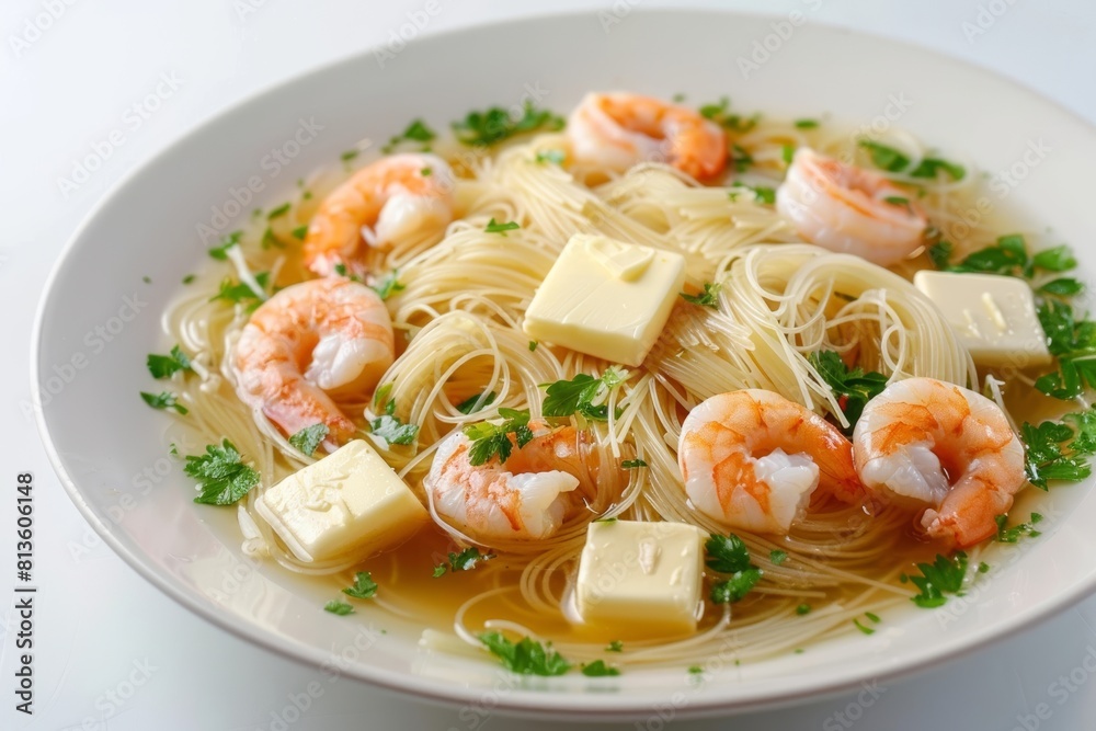 Angel Hair Pasta with Garlic Shrimp in Fragrant Garlic Broth Angel Hair Pasta with Garlic Shrimp in Fragrant Garlic Broth