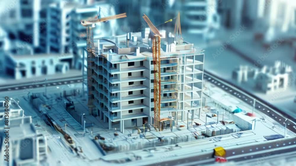 construction project, multi-storey building under construction on blueprint
