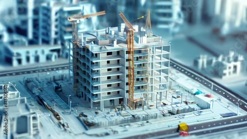 construction project, multi-storey building under construction on blueprint