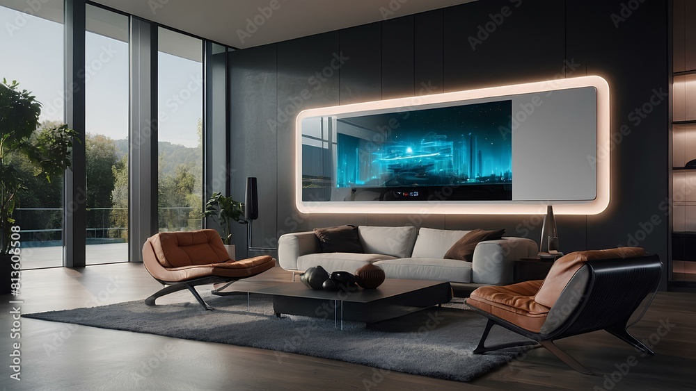 Interior view of smart house design. Screens and monitors playing all around the house. Technology, modernity, management, AI growth and systems Concept Interior view of smart house design. Screens and monitors playing all around the house. Technology, modernity, management, AI growth and systems Concept