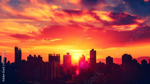 abstract urban sunset with a cityscape featuring tall buildings and an orange sky