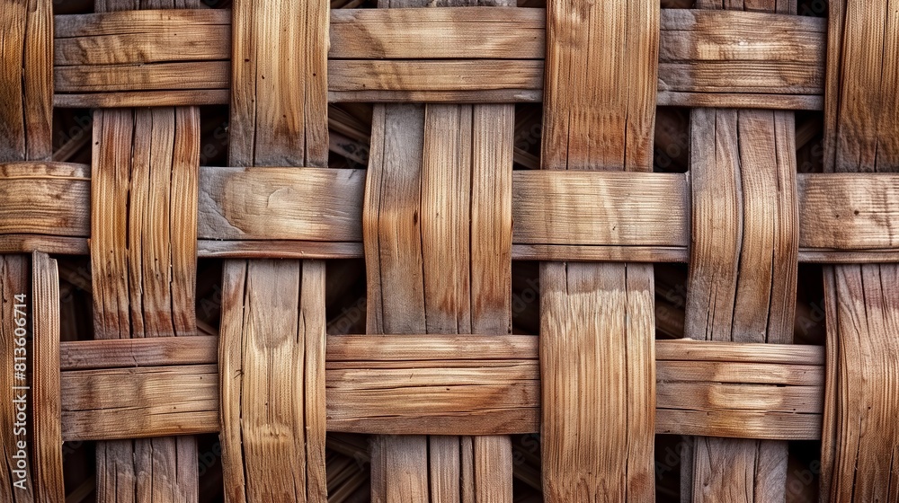 Close-up view of a sturdy crisscross wooden weave in natural tones