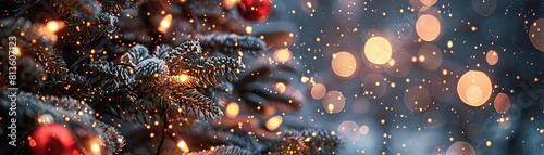 A close-up top view of a Christmas tree adorned with red and gold garland lights, focus on the lights' reflection on the snow, providing a wide, panoramic space for text.
