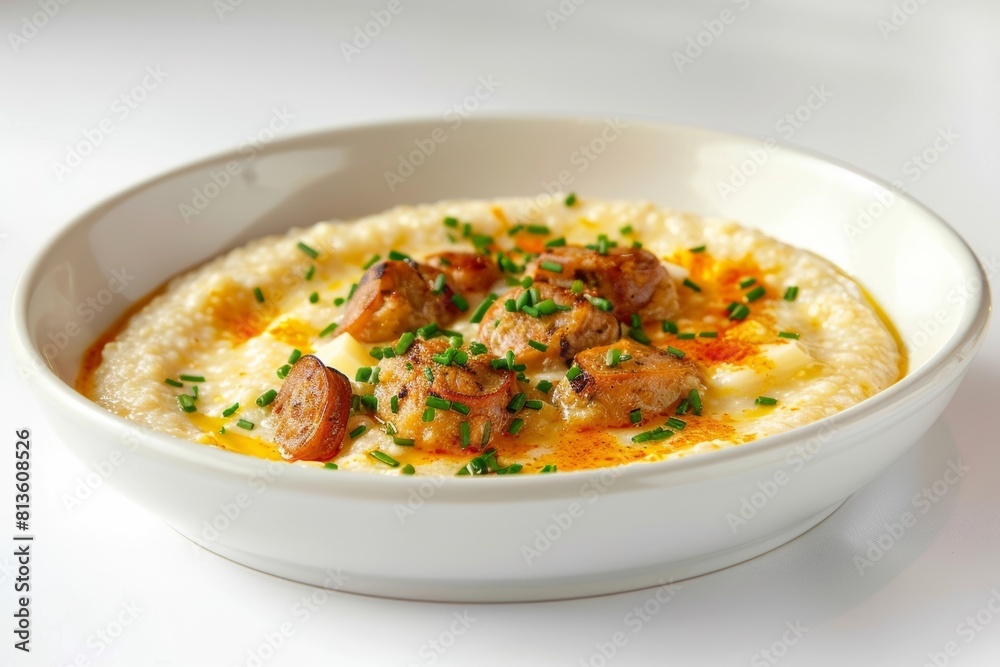 Mouthwatering Andouille and White Cheddar Cheese Grits with Chive Garnish