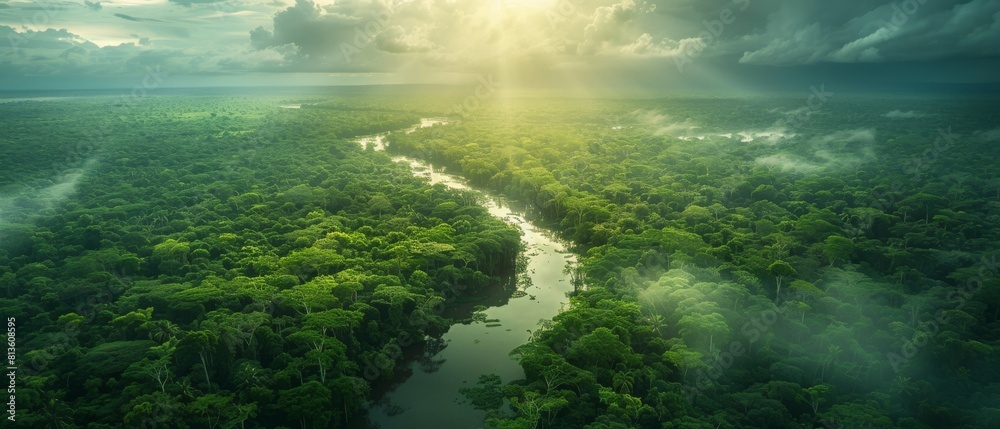 Gazing down upon the Amazon rainforest, one witnesses a living entity, vibrant and teeming with life. Its emerald canopy, unbroken and vast, seems to breathe with the rhythm of the Earth's heartbeat.