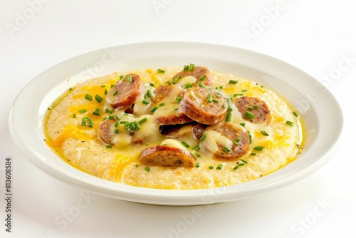 Tasty Andouille and White Cheddar Cheese Grits in Shallow Bowl