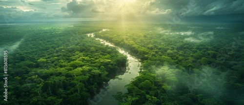 Gazing down upon the Amazon rainforest  one witnesses a living entity  vibrant and teeming with life. Its emerald canopy  unbroken and vast  seems to breathe with the rhythm of the Earth s heartbeat.